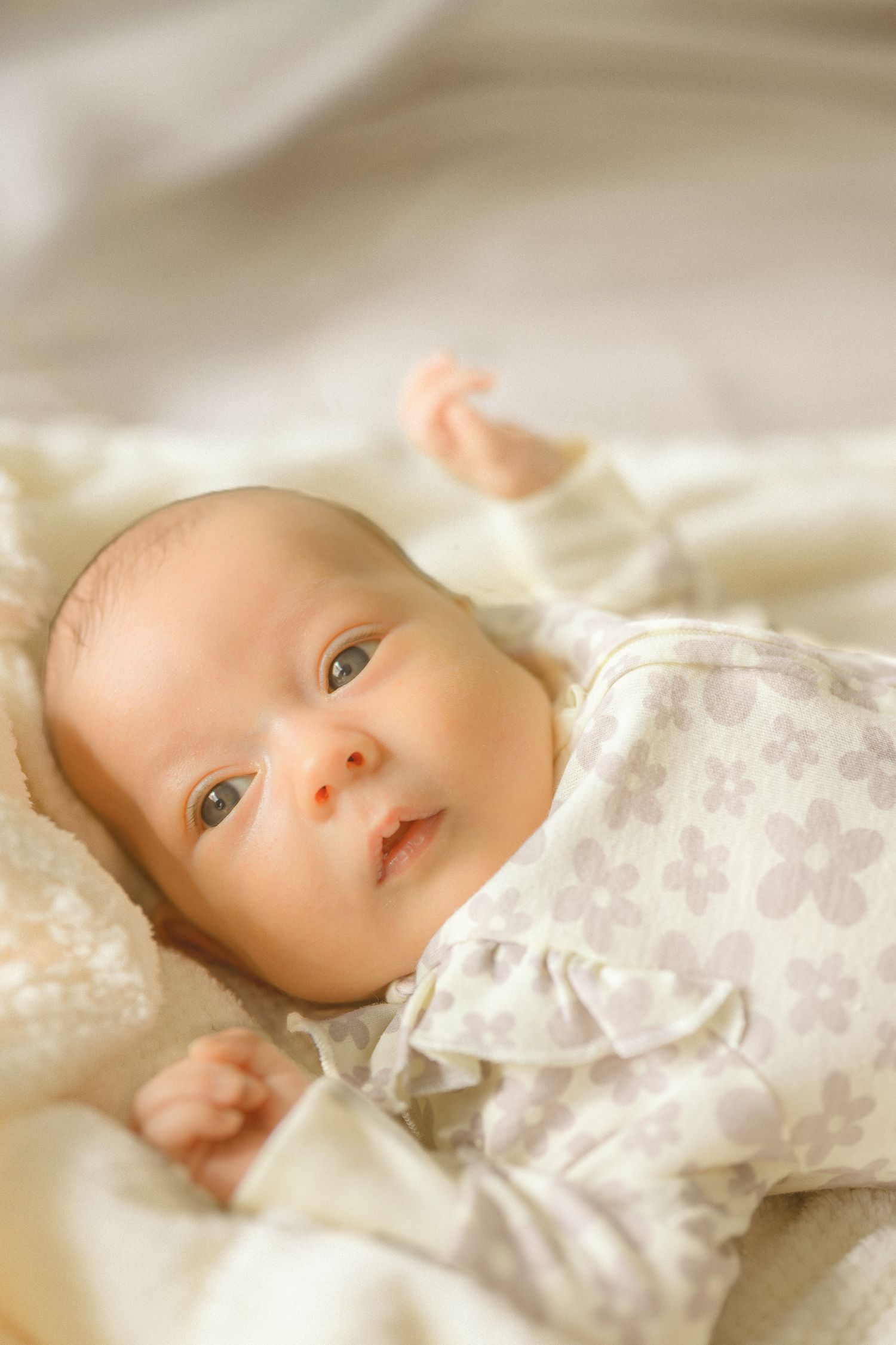 Close-up of baby in white floral dress against cream background.