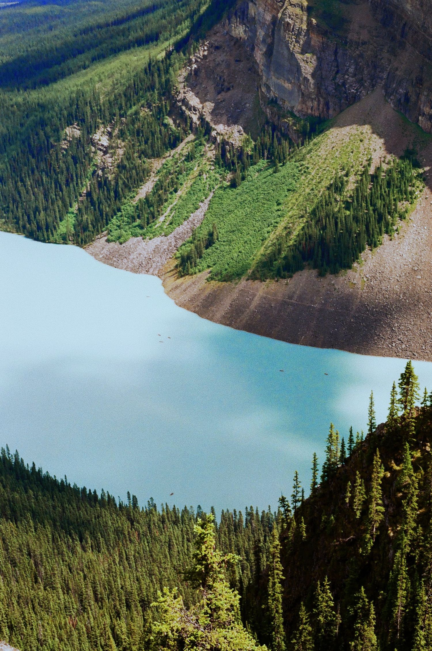 Turquoise alpine lake surrounded by evergreen forest and steep mountain cliffs.