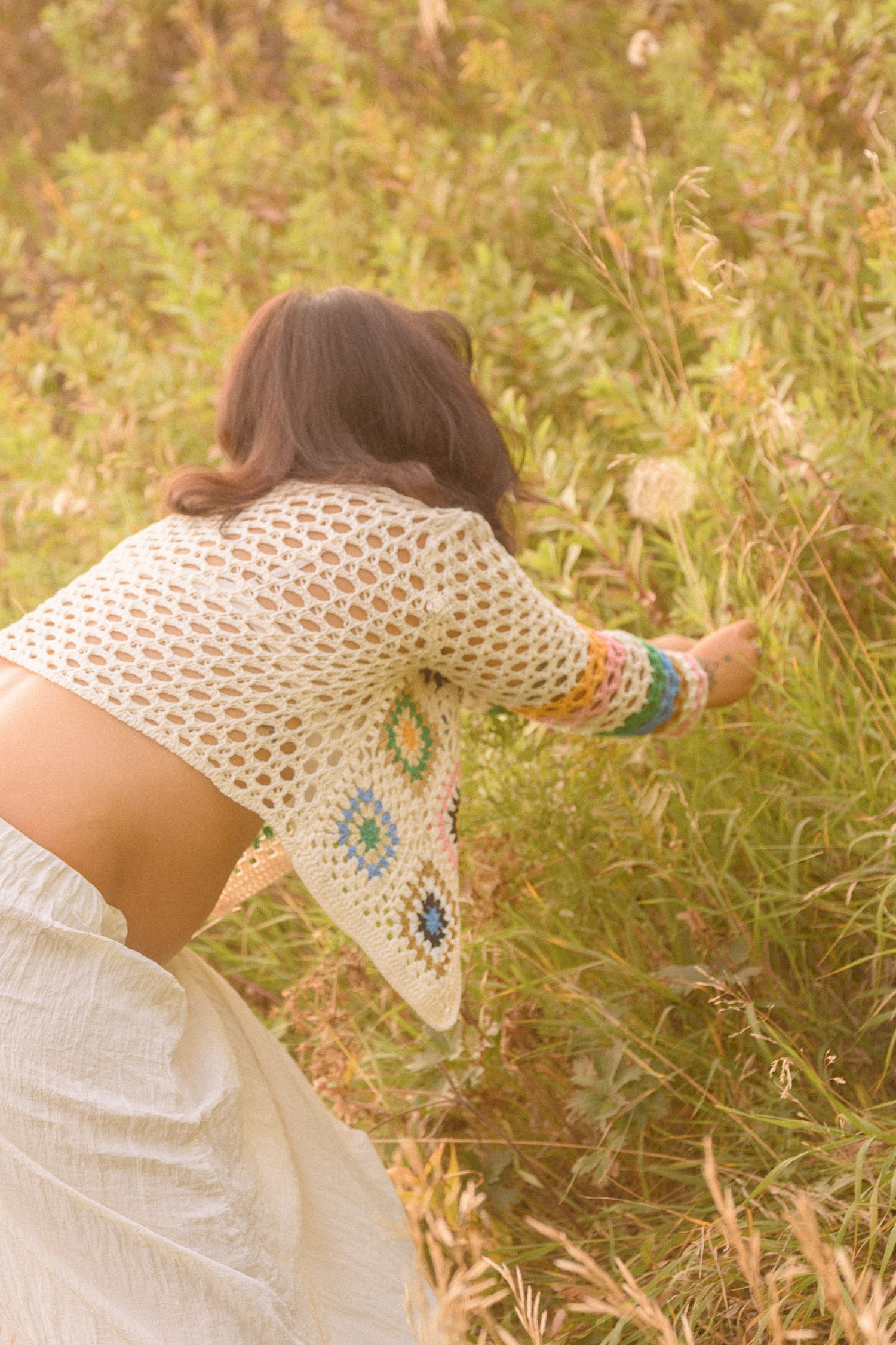 Back view of person in crochet sweater reaching for wildflowers in golden field.
