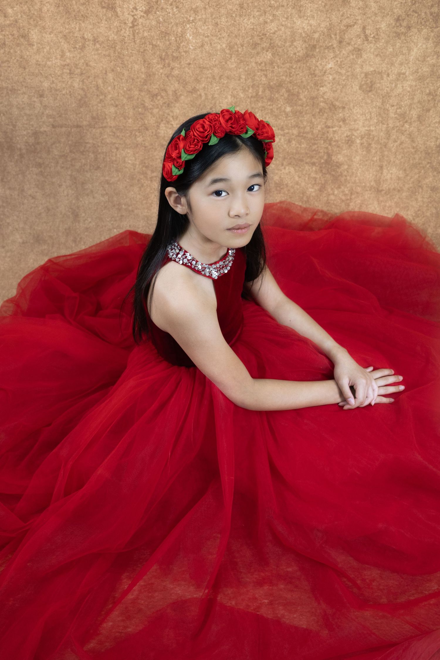 Fine art studio portraiture of child in custom dress in Southlake TX