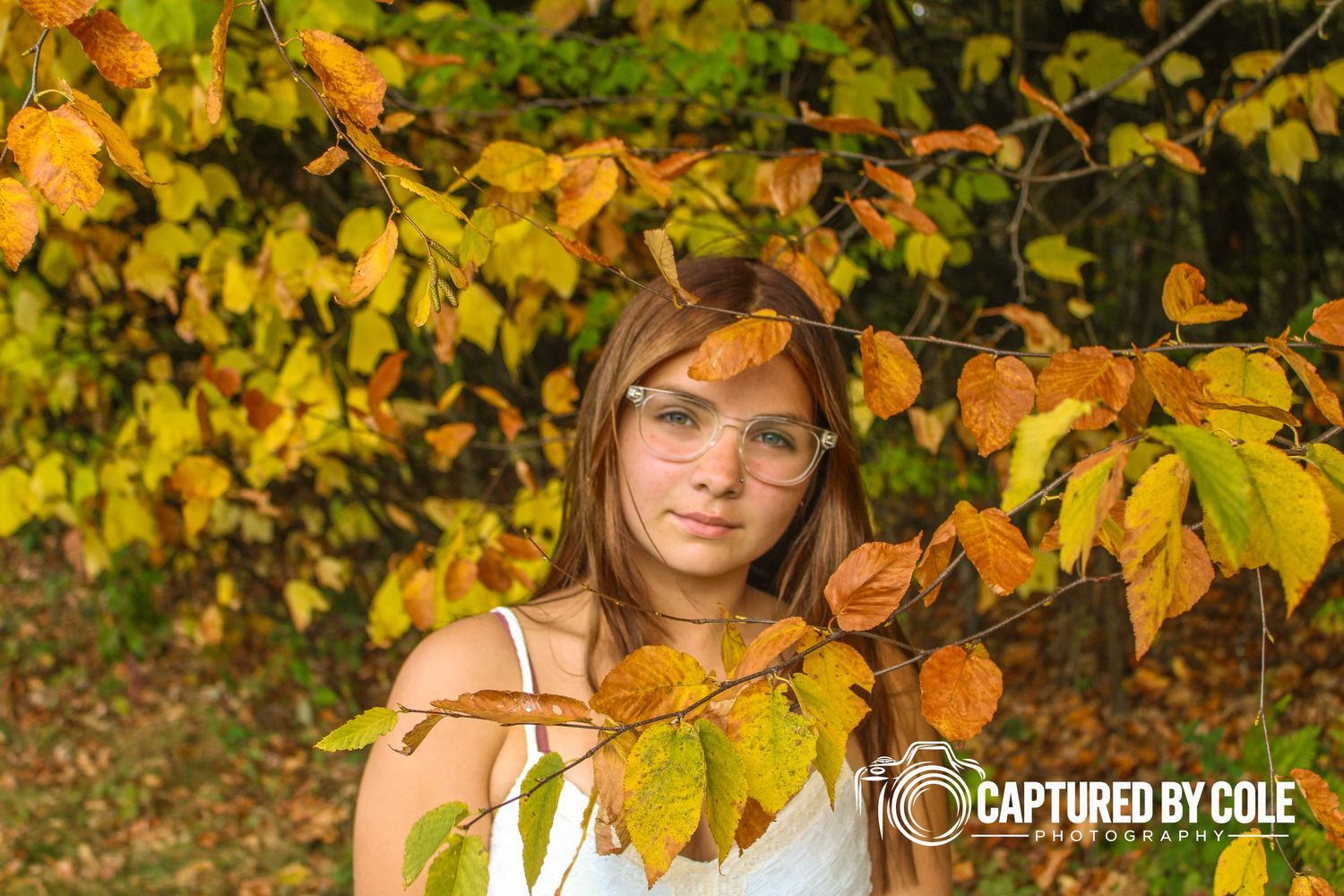 This is a picture of a girl behind leaves