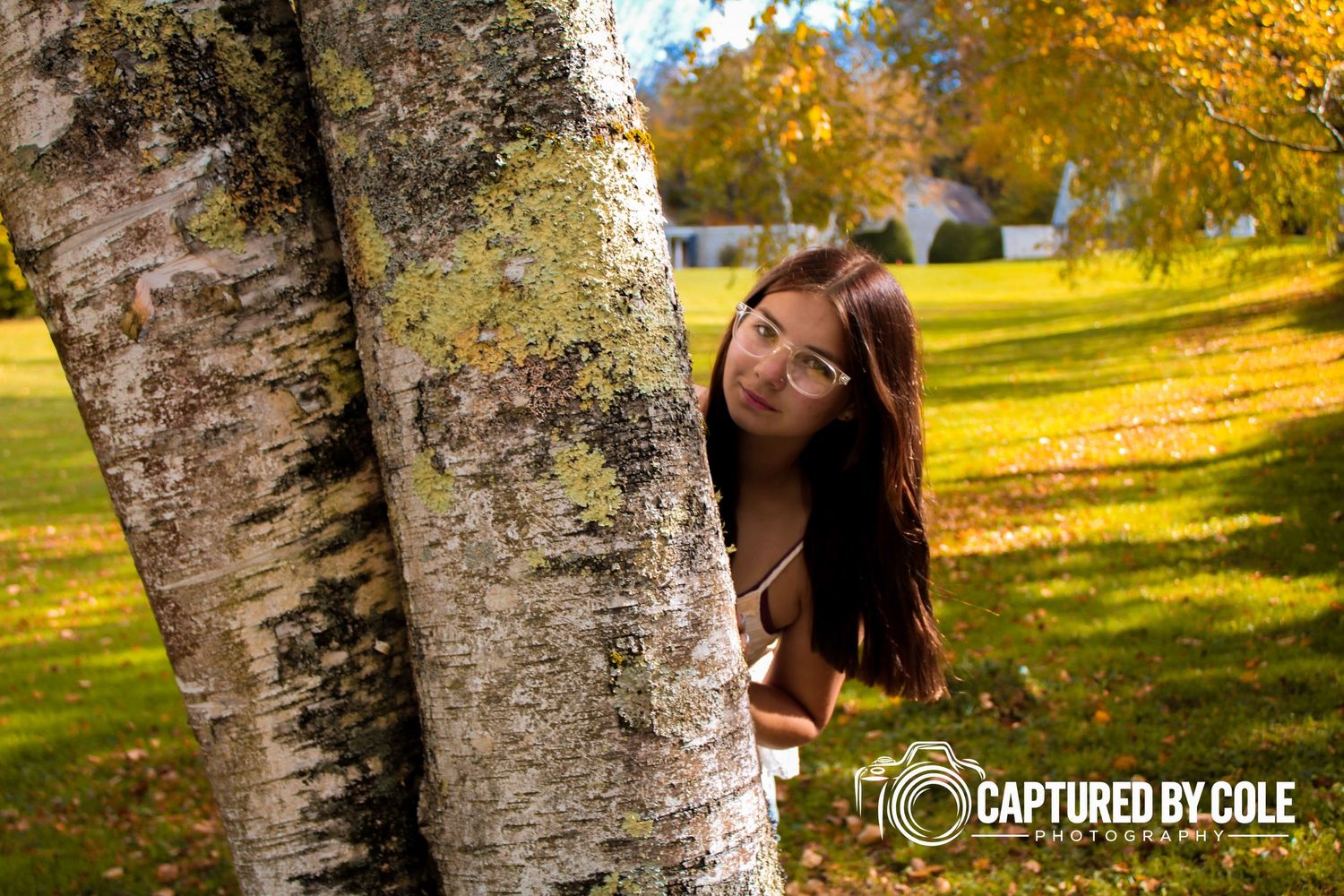 This is a picture of a girl peeking at her head out of the tree