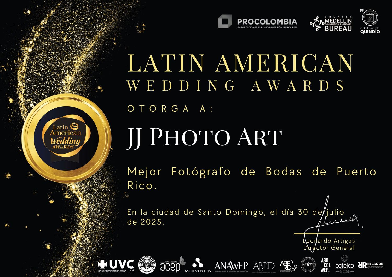 Gold and black wedding photography award banners with elegant text and sparkle effects on dark backgrounds.