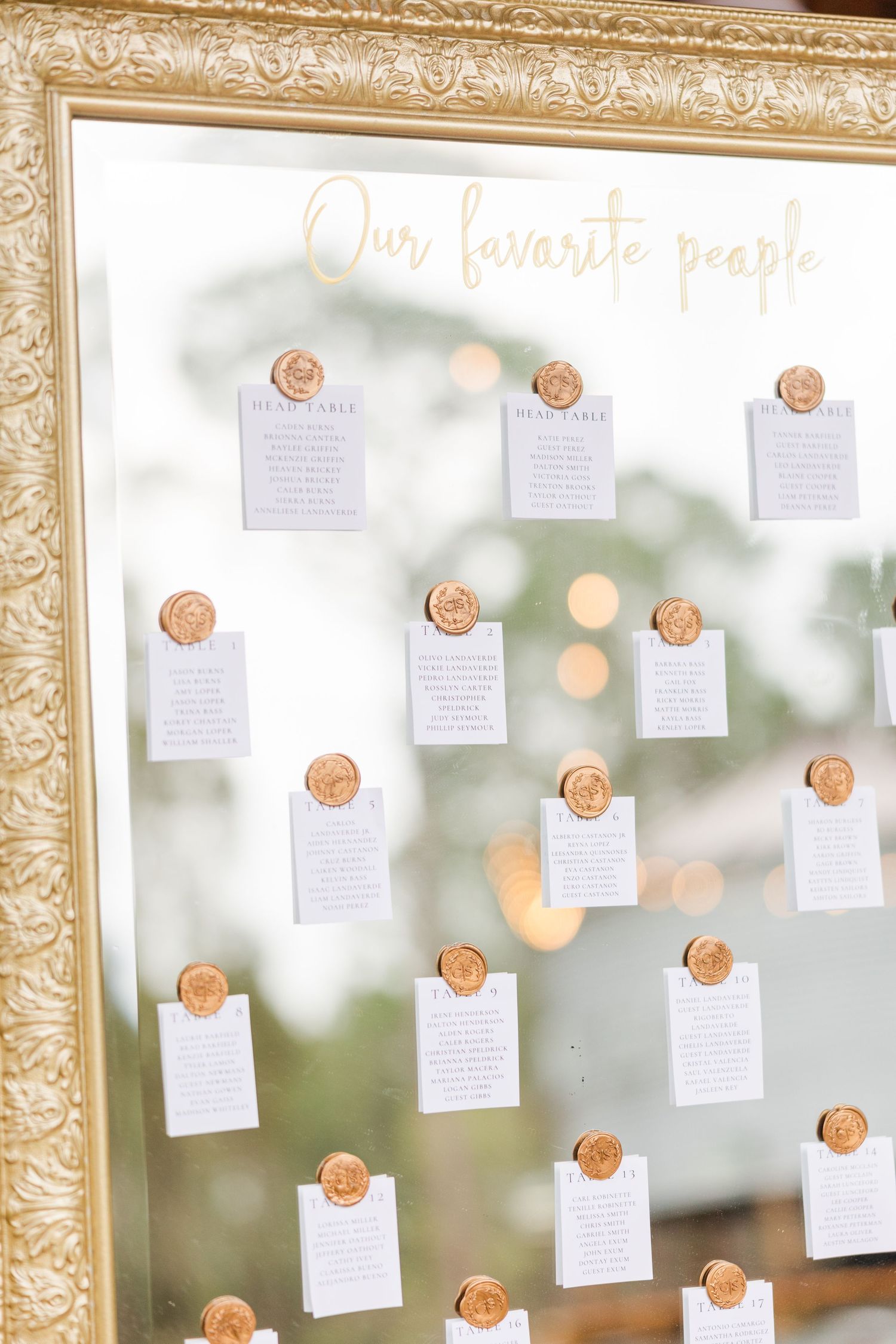 A detailed view of an ornate gold-framed wedding seating chart with rose gold accents.