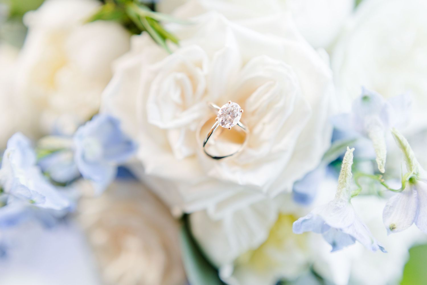 Delicate white and blue floral wedding bouquet arrangement with roses and soft petals.