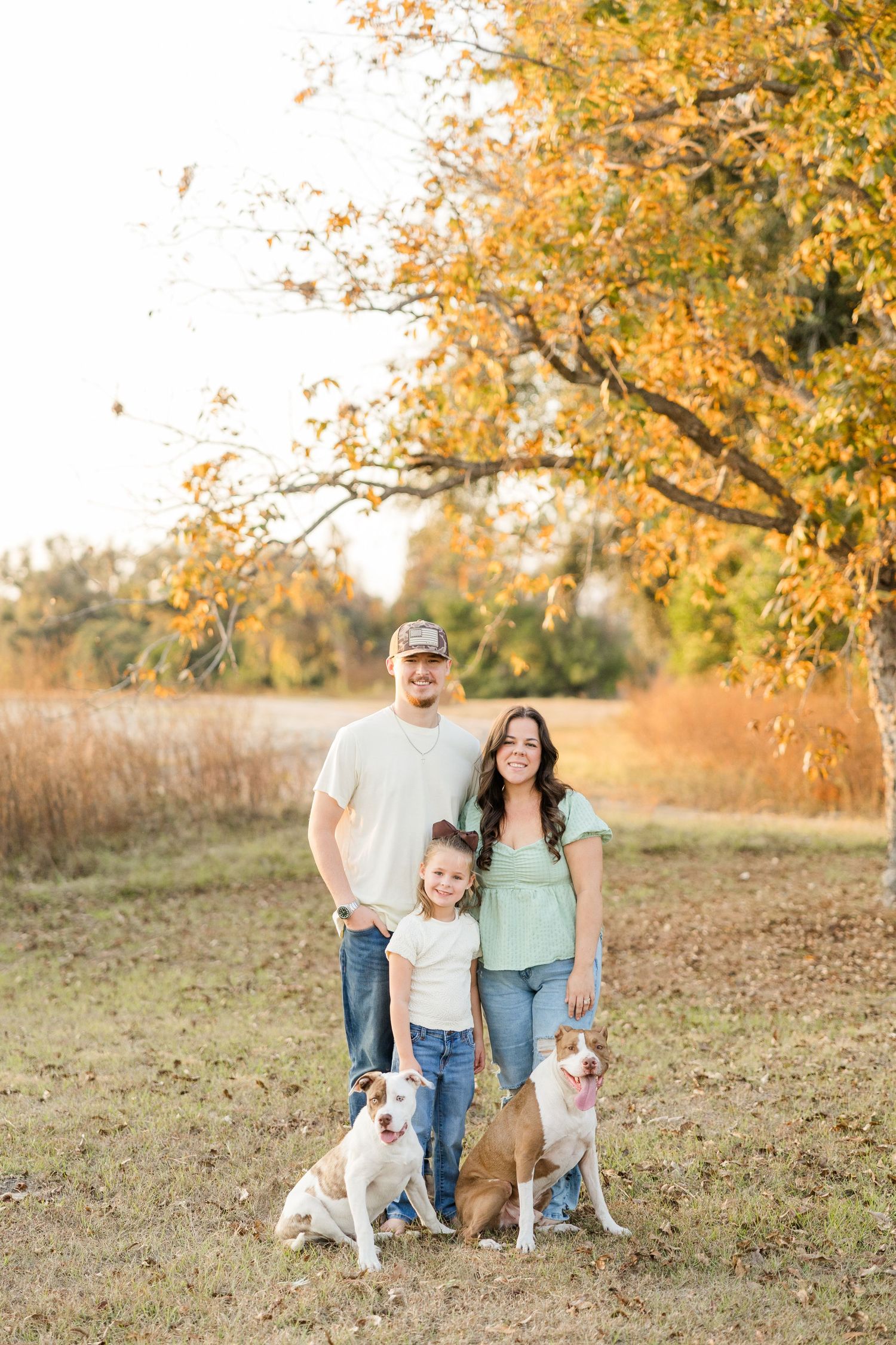 Family of three with two dogs posing outdoors under autumn foliage in a golden fall landscape.