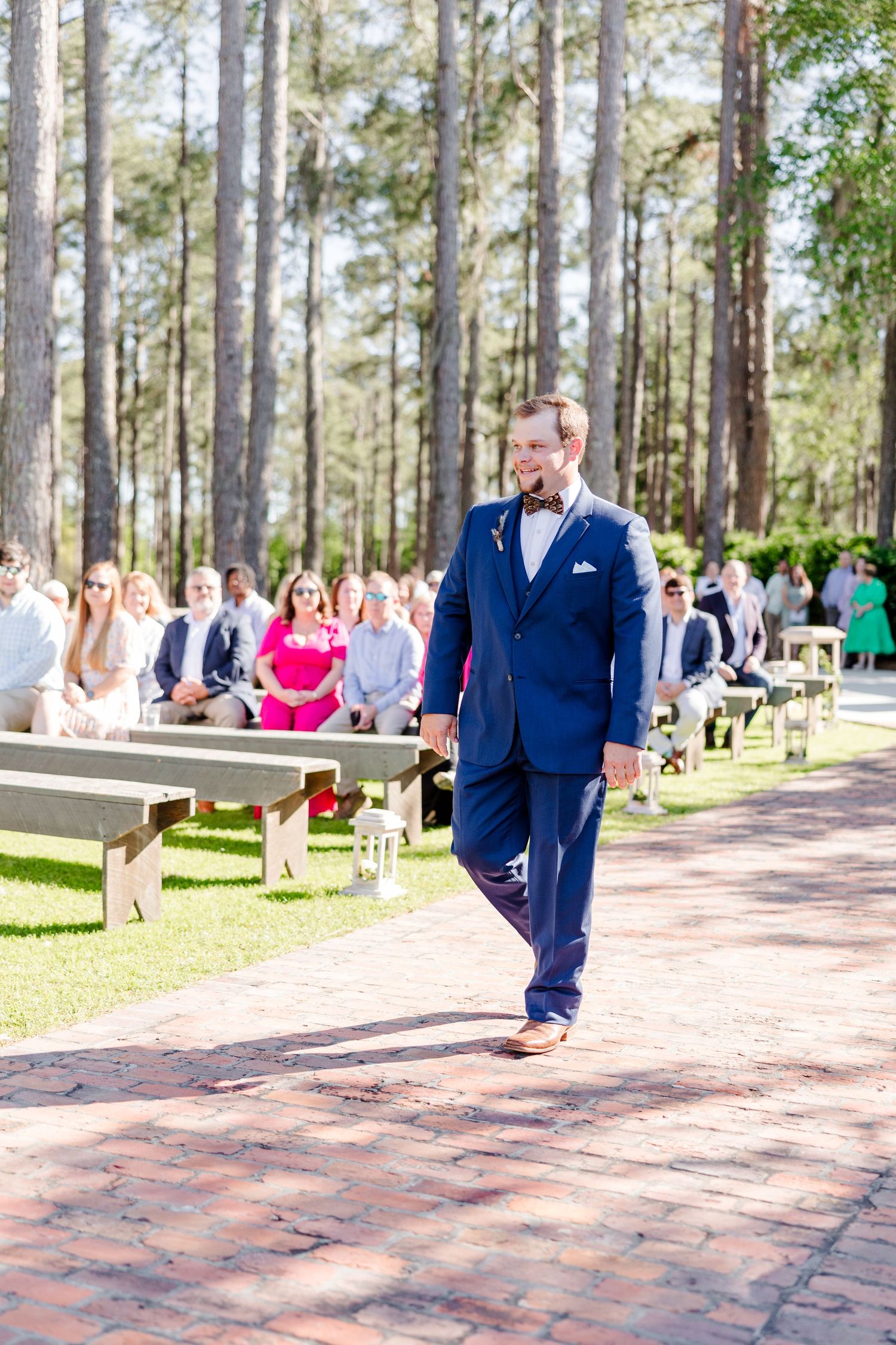 Wedding ceremony guests seated outdoors in a pine forest setting with sunlight filtering through the trees.