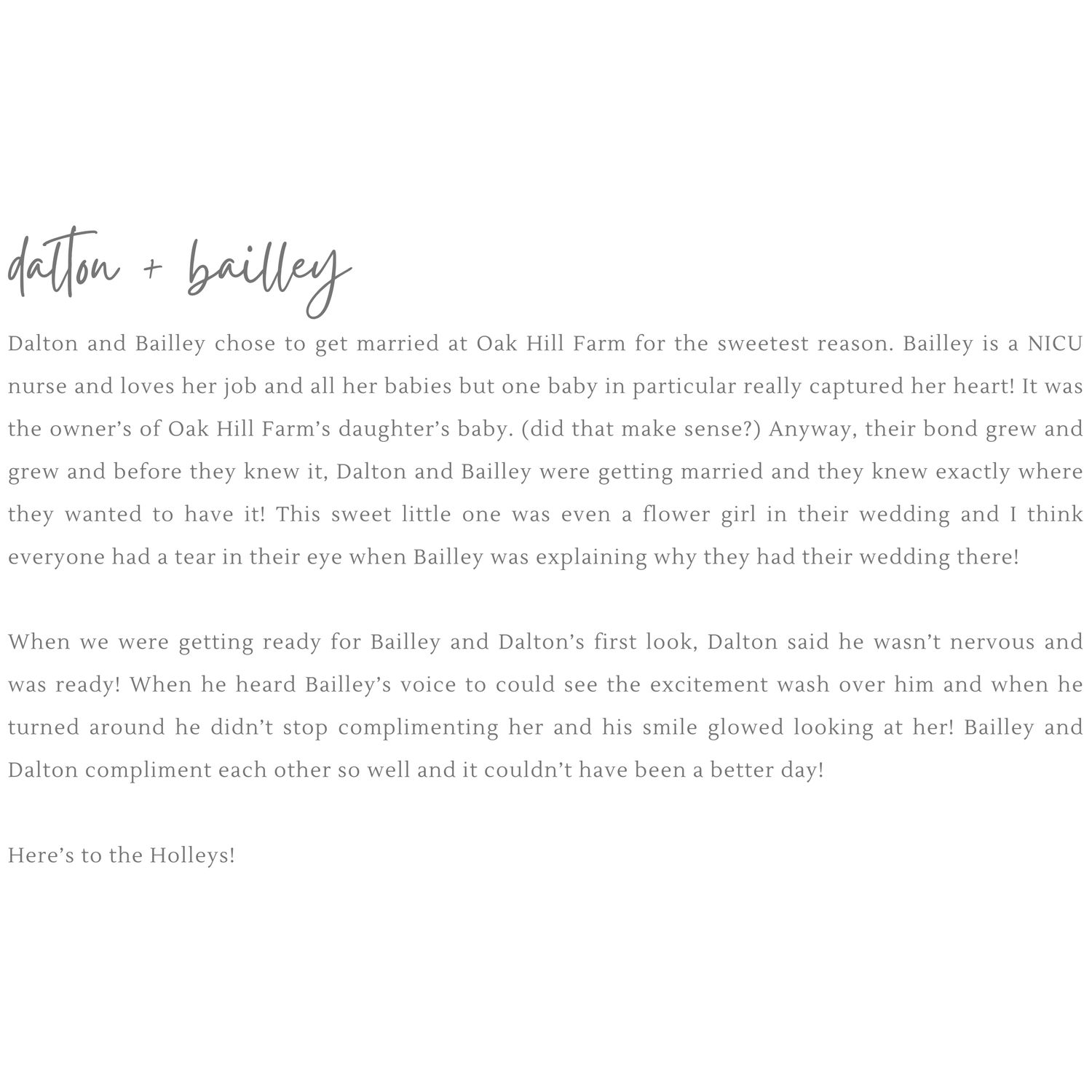A wedding story text describing how a couple met at Oak Hill Farm.