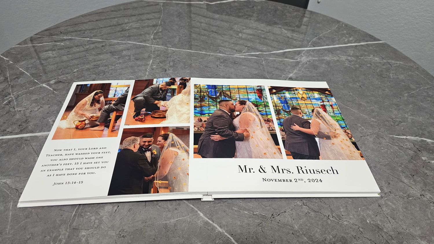 Open wedding photo album showing ceremony pictures, titled Mr. & Mrs. Rinsech November 2024.
