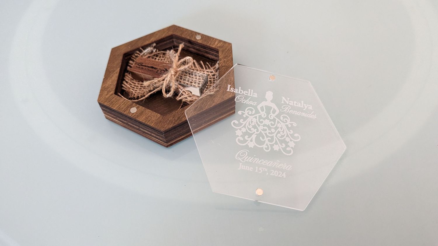 Hexagonal wooden box with acrylic keepsake token, personalized Quinceanera gift set.