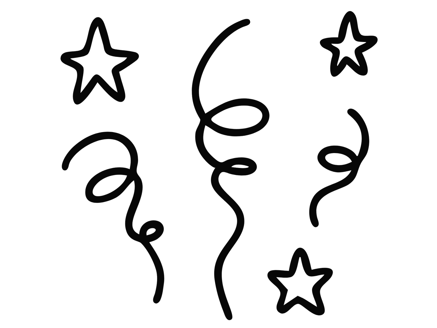 Black and white doodle illustration of stars and curly streamers.