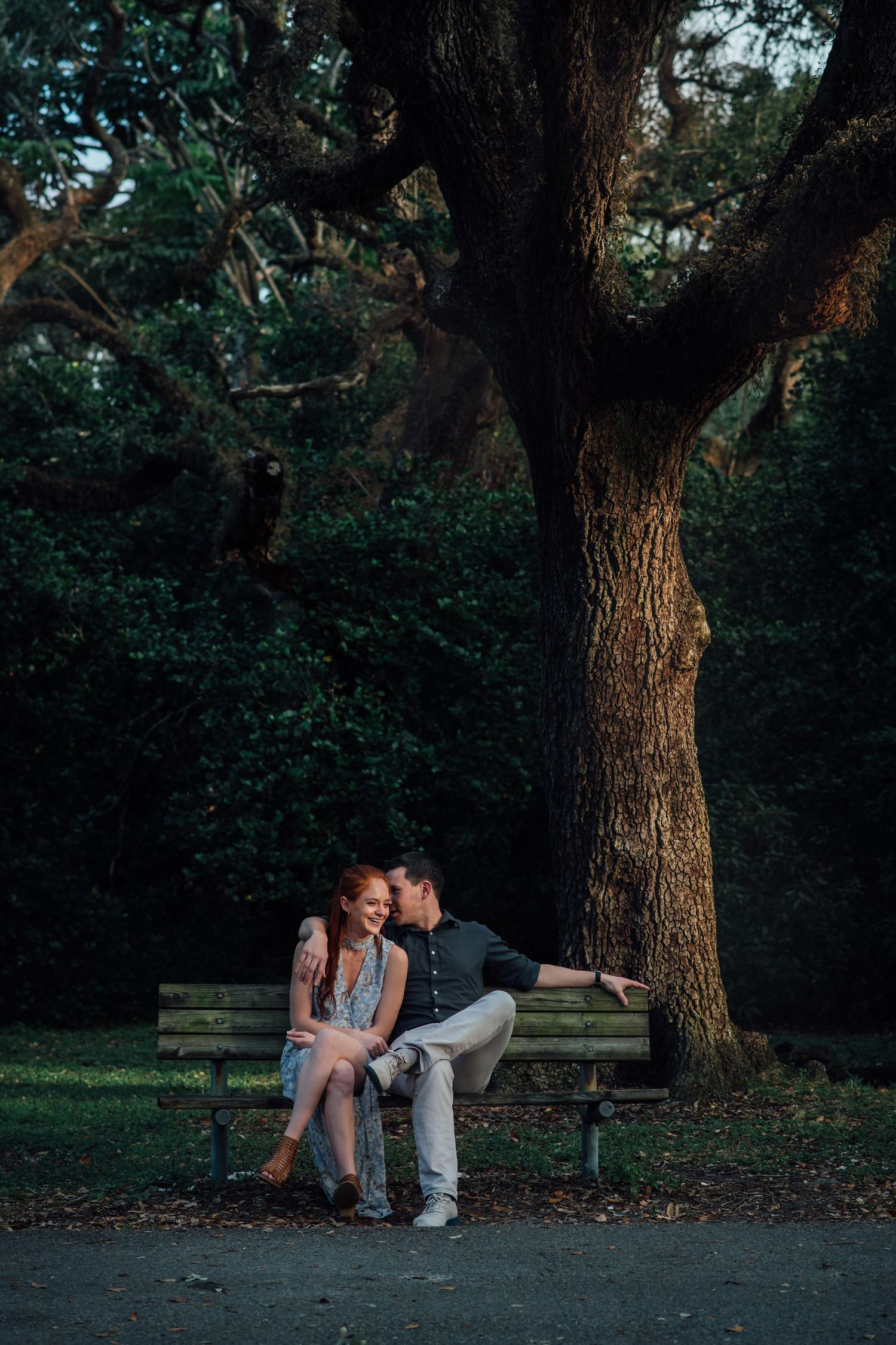 Couple sitting close on a park bench under a large oak tree at dusk.