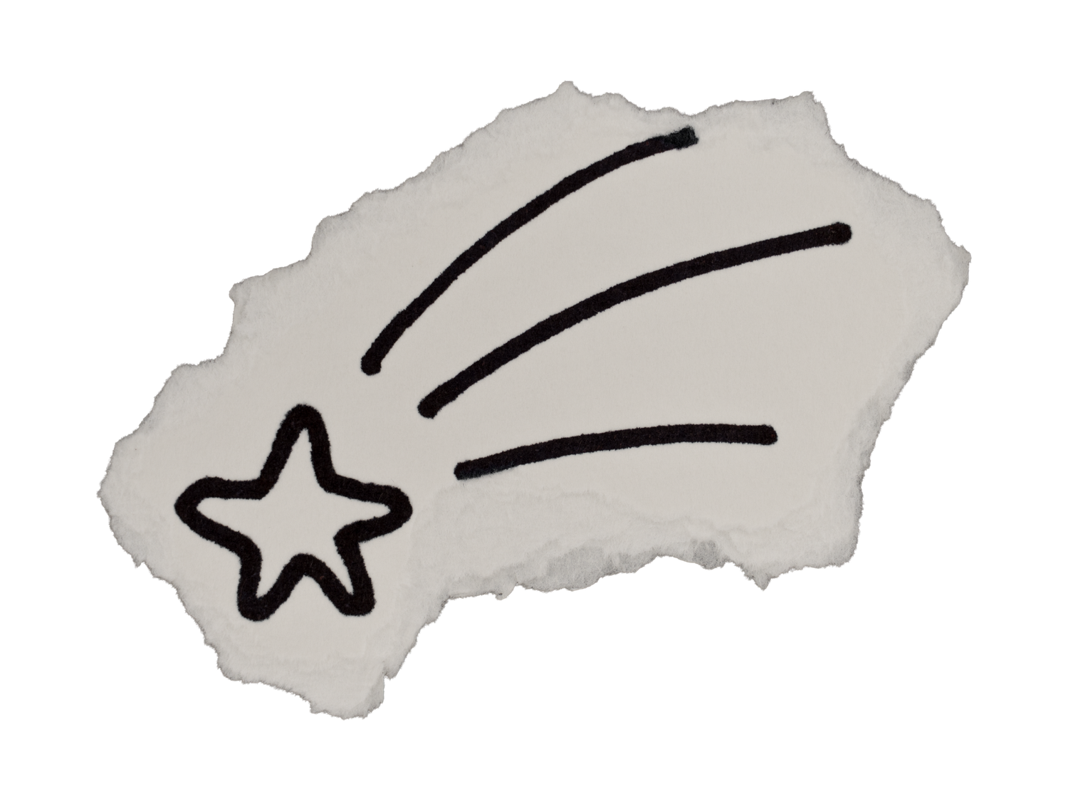 Hand-drawn shooting star doodle on torn white paper piece illustration.