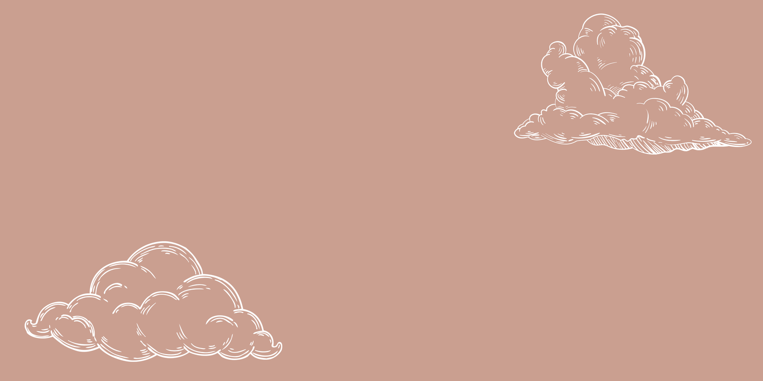 Minimalist dusty rose background with white outlined sketch of fluffy clouds in corners.