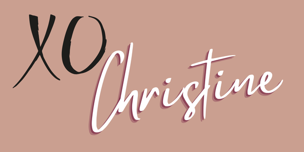 Elegant XO Christine signature logo in black and white script on a muted rose background.