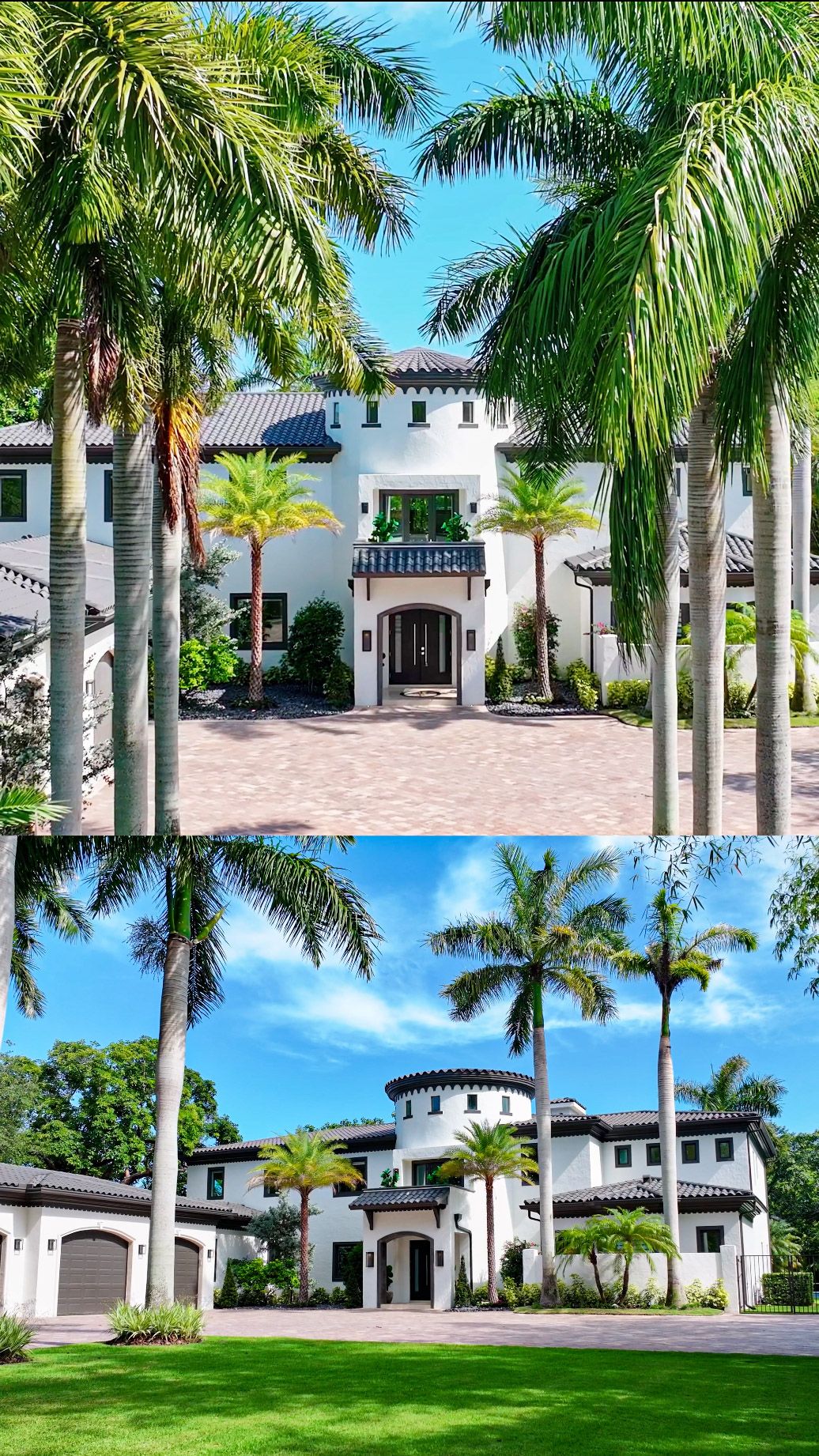 Luxurious white Mediterranean-style mansion with palm tree lined driveway and Spanish tiled roof in tropical setting.