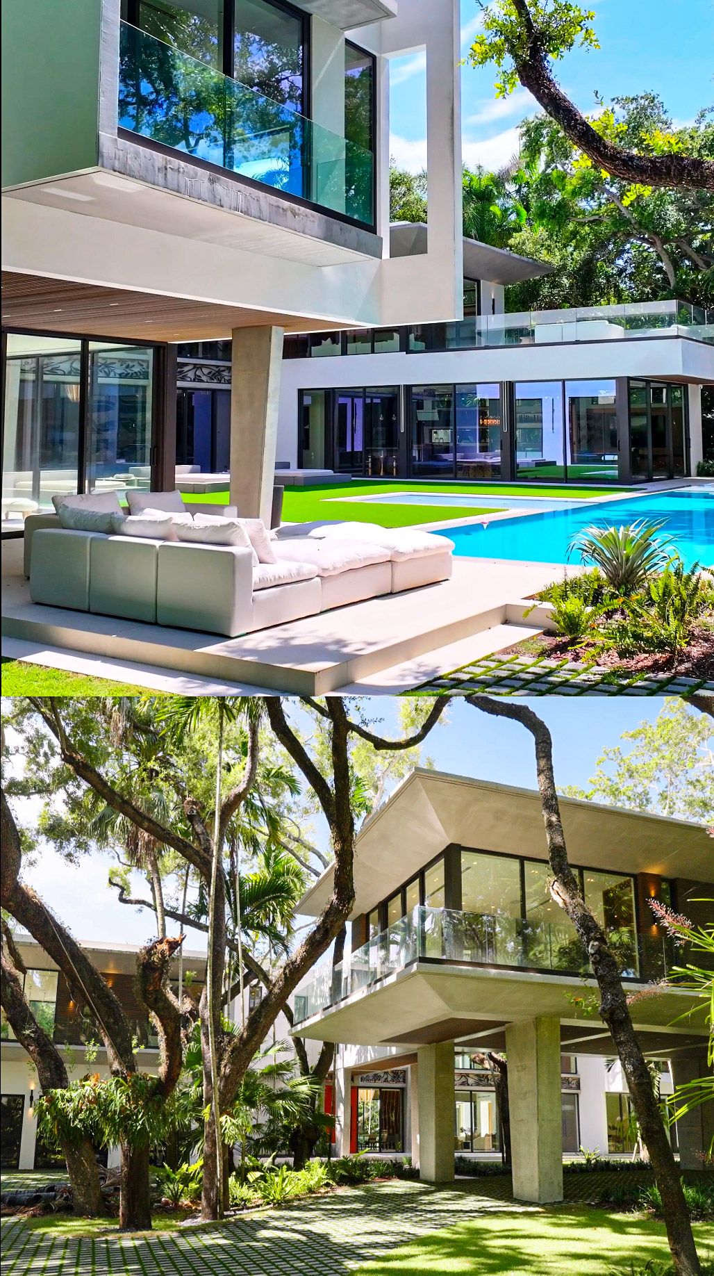 Modern luxury mansion with a swimming pool features floor-to-ceiling windows, outdoor lounge area and lush tropical landscaping.