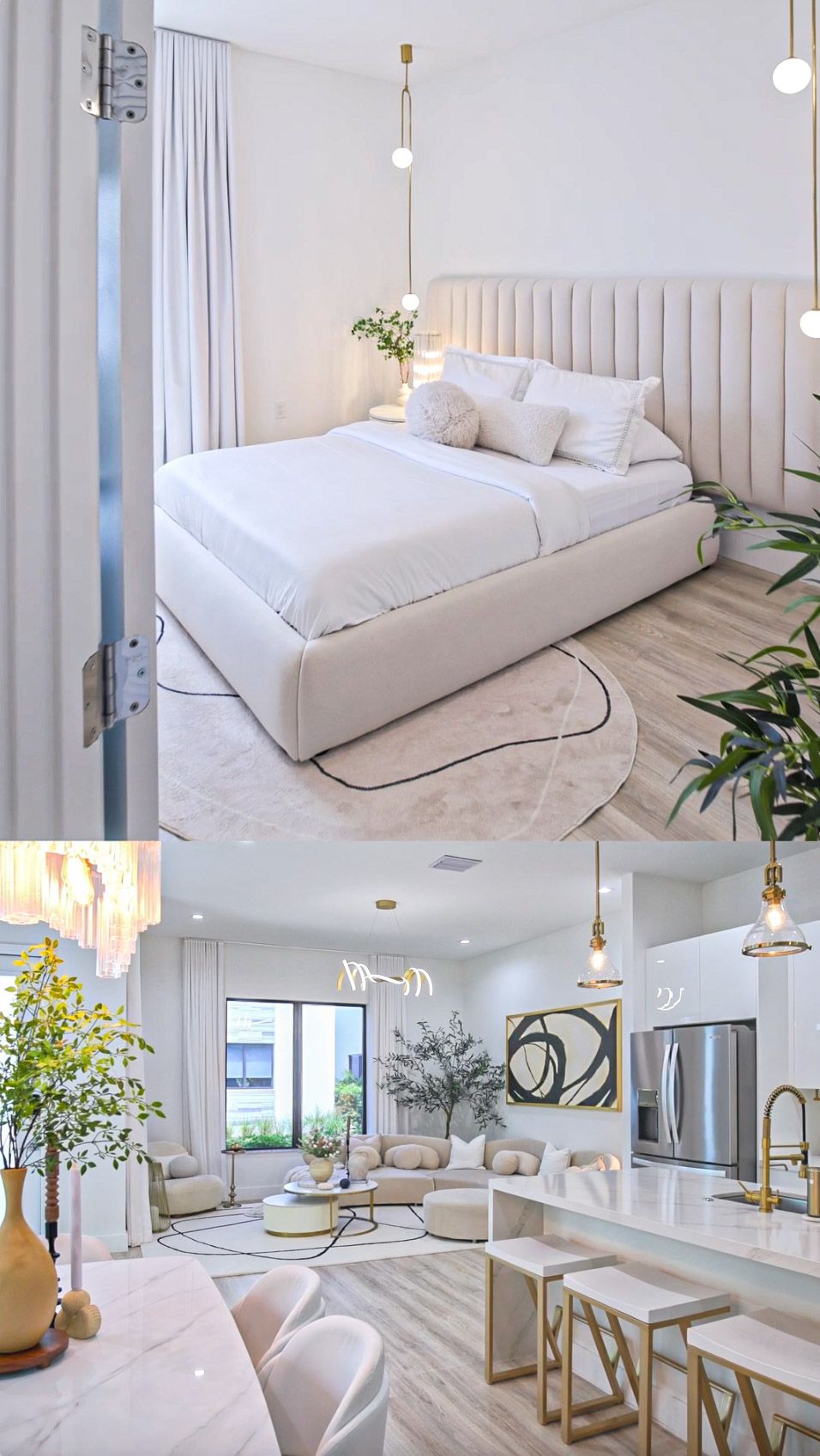 Modern luxury apartment interior featuring a white bedroom and open concept living space with gold accents and neutral decor.