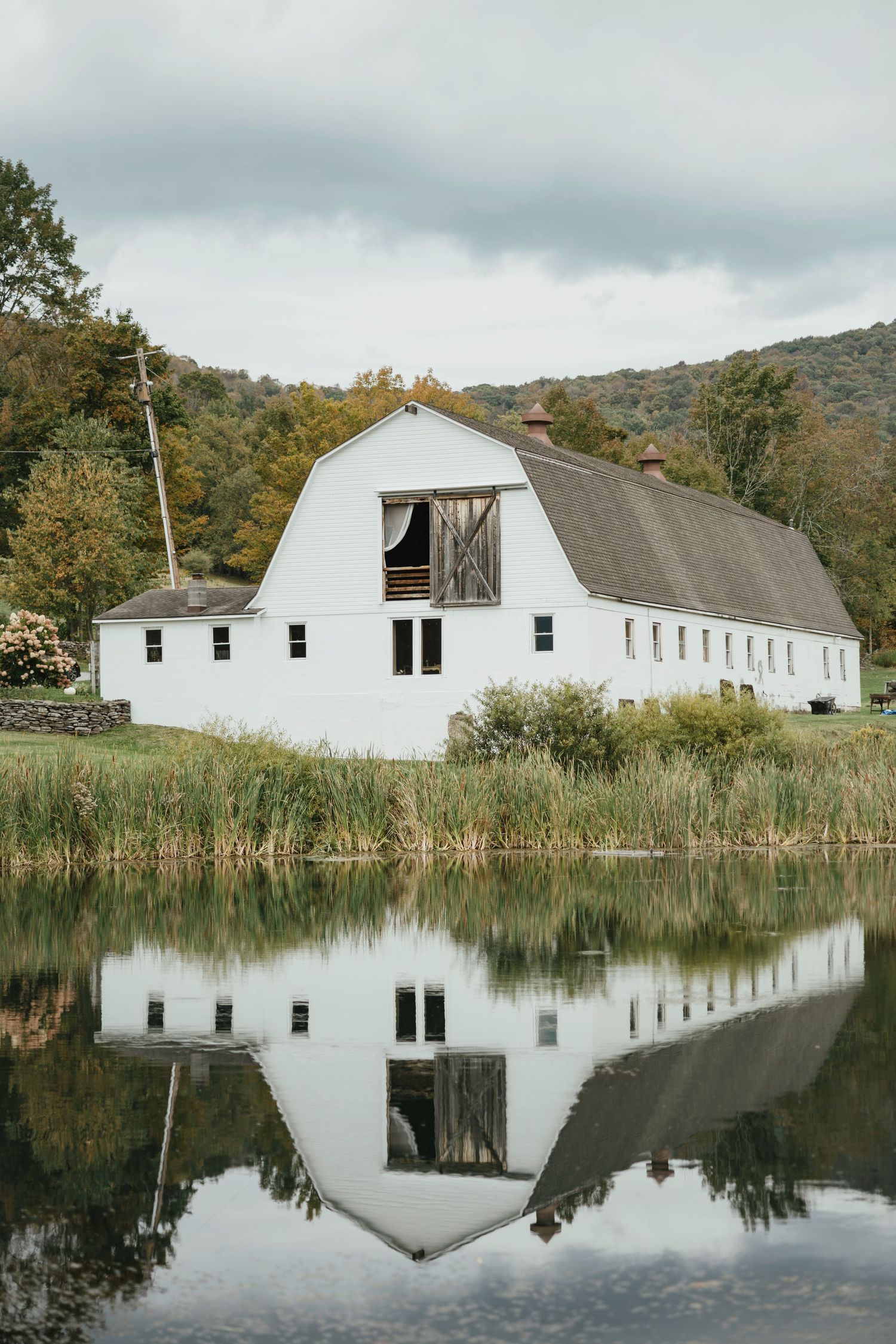 White barn buildings reflect perfectly in a calm pond surrounded by autumn trees and cattails in a rural landscape.