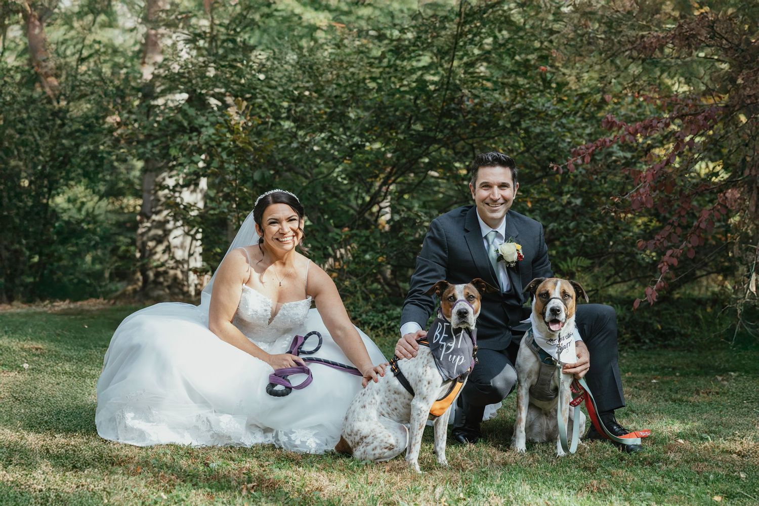 Wedding couple poses with their dogs in a lush garden setting during outdoor photo session.