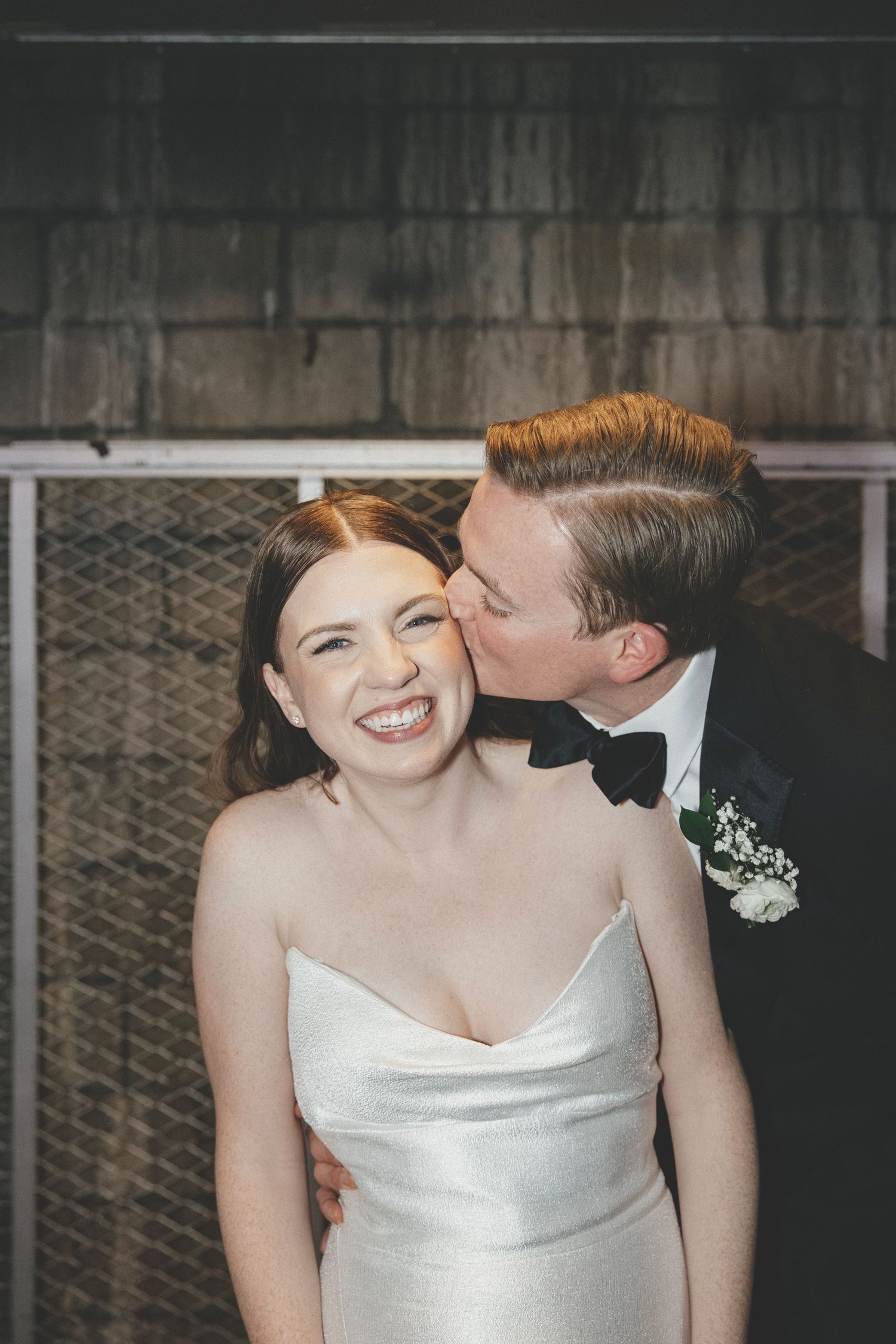 A romantic sequence of wedding photos showing a couple sharing intimate moments and laughter together.