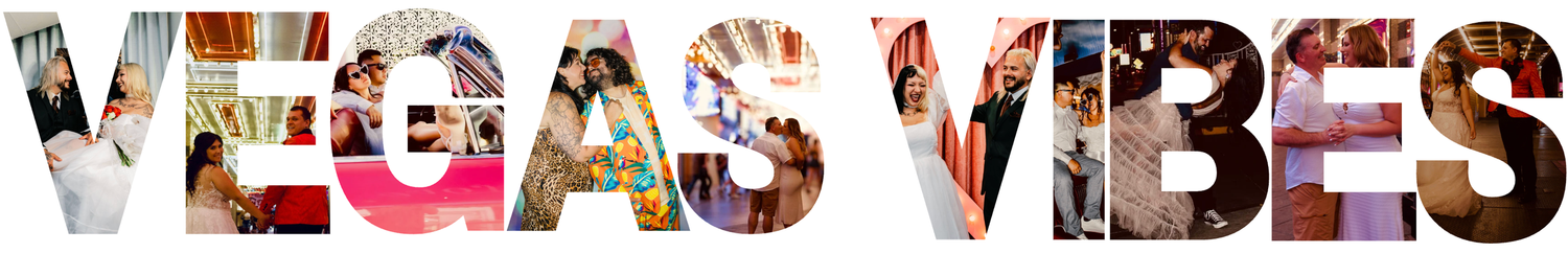 Colorful collage text art spelling VEGAS VIBES filled with vibrant Las Vegas themed photos of people and city scenes.