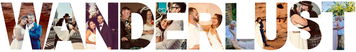 Wanderlust travel collage with colorful wedding and adventure photos arranged to spell out the word WANDERLUST.