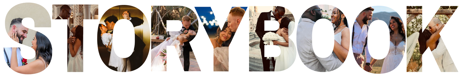 A collage of wedding photos arranged to spell out the word STORYBOOK featuring couples and romantic moments.