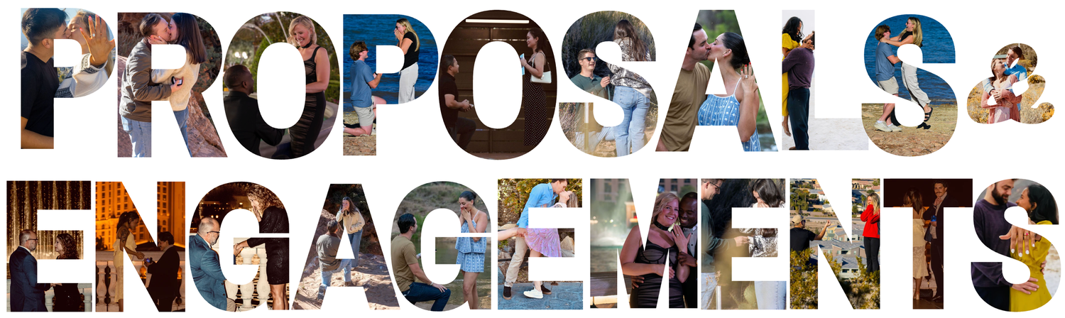 Decorative text art spelling Proposals and Engagements with colorful photographic collage filling the letters.