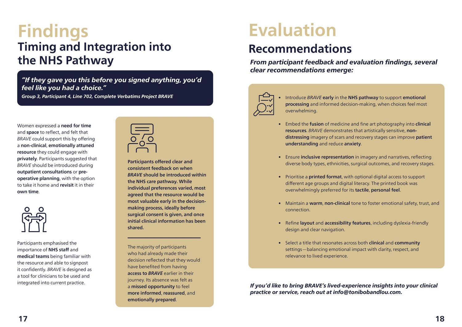 Example pages of the Project Brave Evaluation Report: Timing and Integration into the NHS Pathway and Evaluation Recommendations
