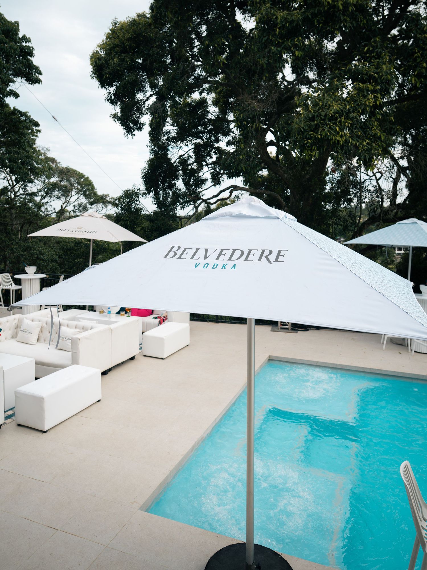 Belvedere Vodka branded white umbrella beside a luxury pool with white lounge furniture and lush trees.