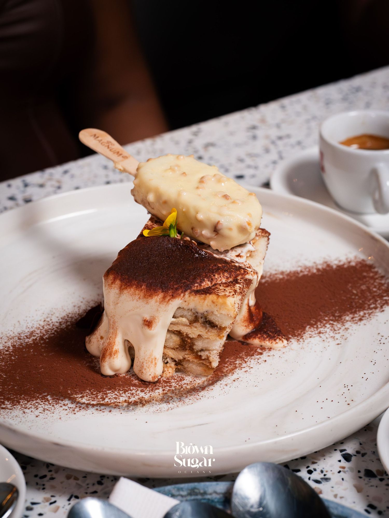 Elegant tiramisu dessert with cocoa dusting, creamy layers, and a vanilla ice cream bar on top, served on a white plate.