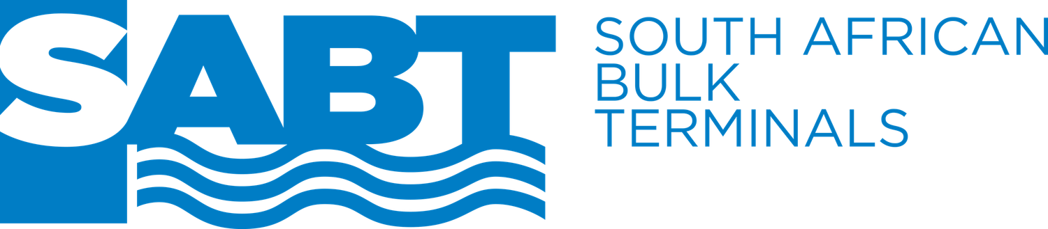 South African Bulk Terminals (SABT) logo featuring bold blue text and stylized wave graphic on white background.