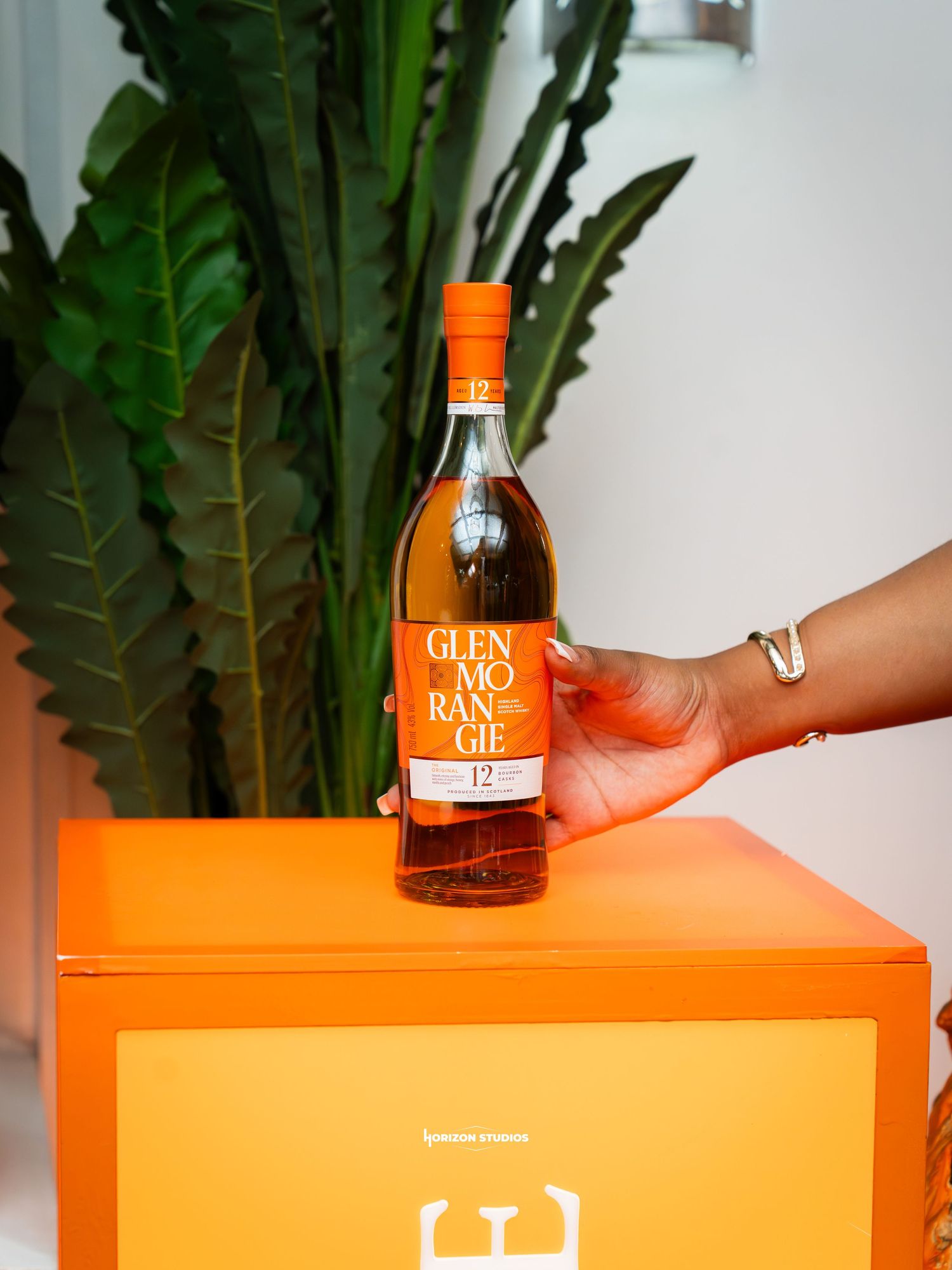 Hand holding Glenmorangie 12 Year Single Malt Scotch Whisky bottle on vibrant orange box with tropical plant background.