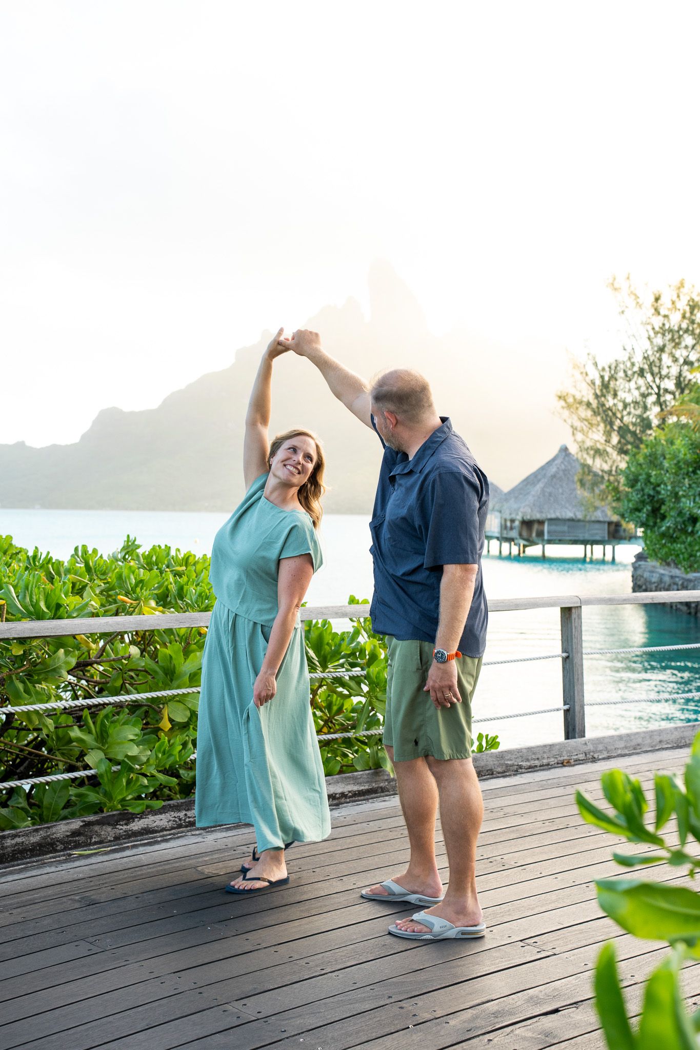 Couple dancing during a romantic Bora Bora photoshoot in French Polynesia