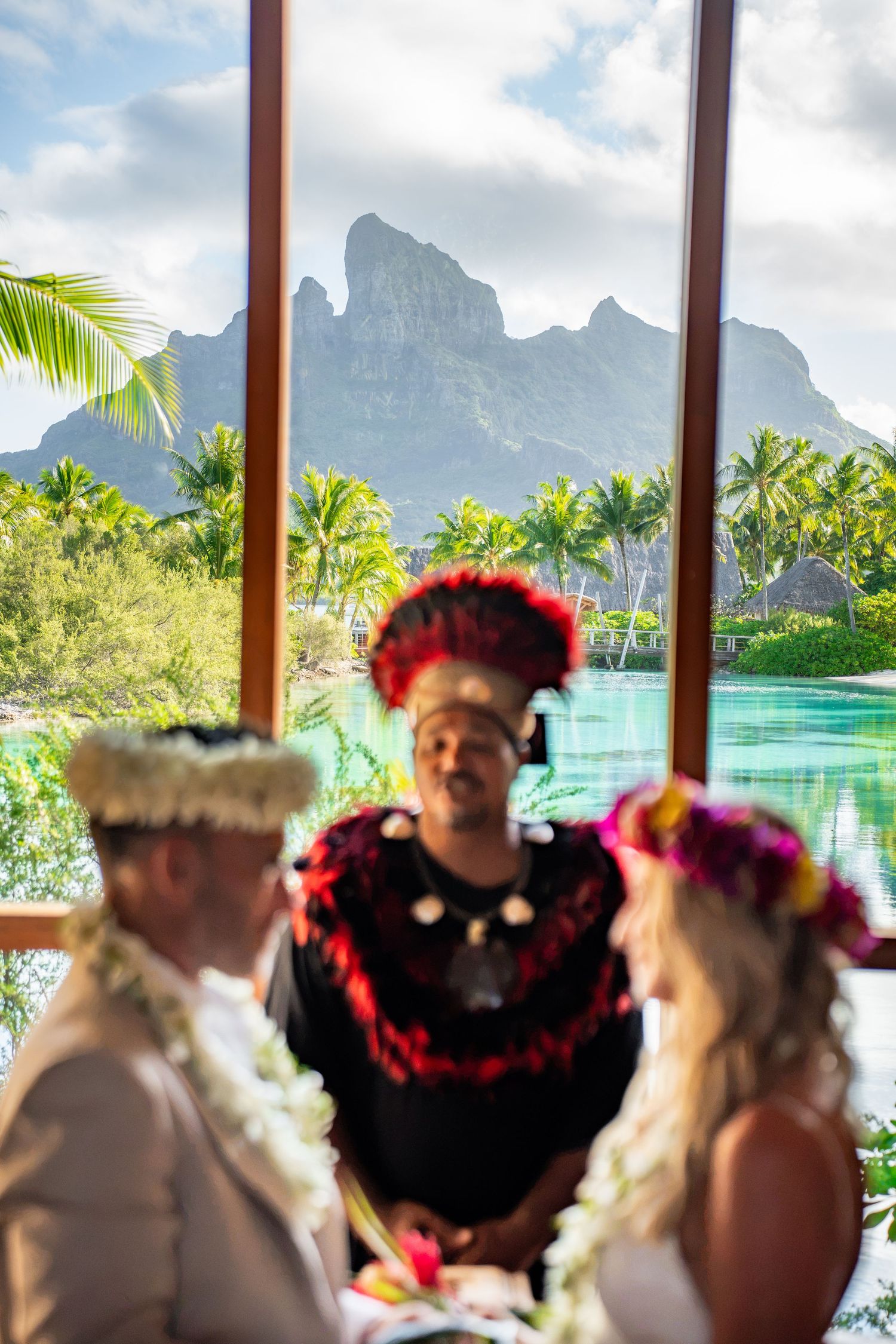 Traditional Polynesian wedding ceremony overlooking Mount Otemanu in Bora Bora