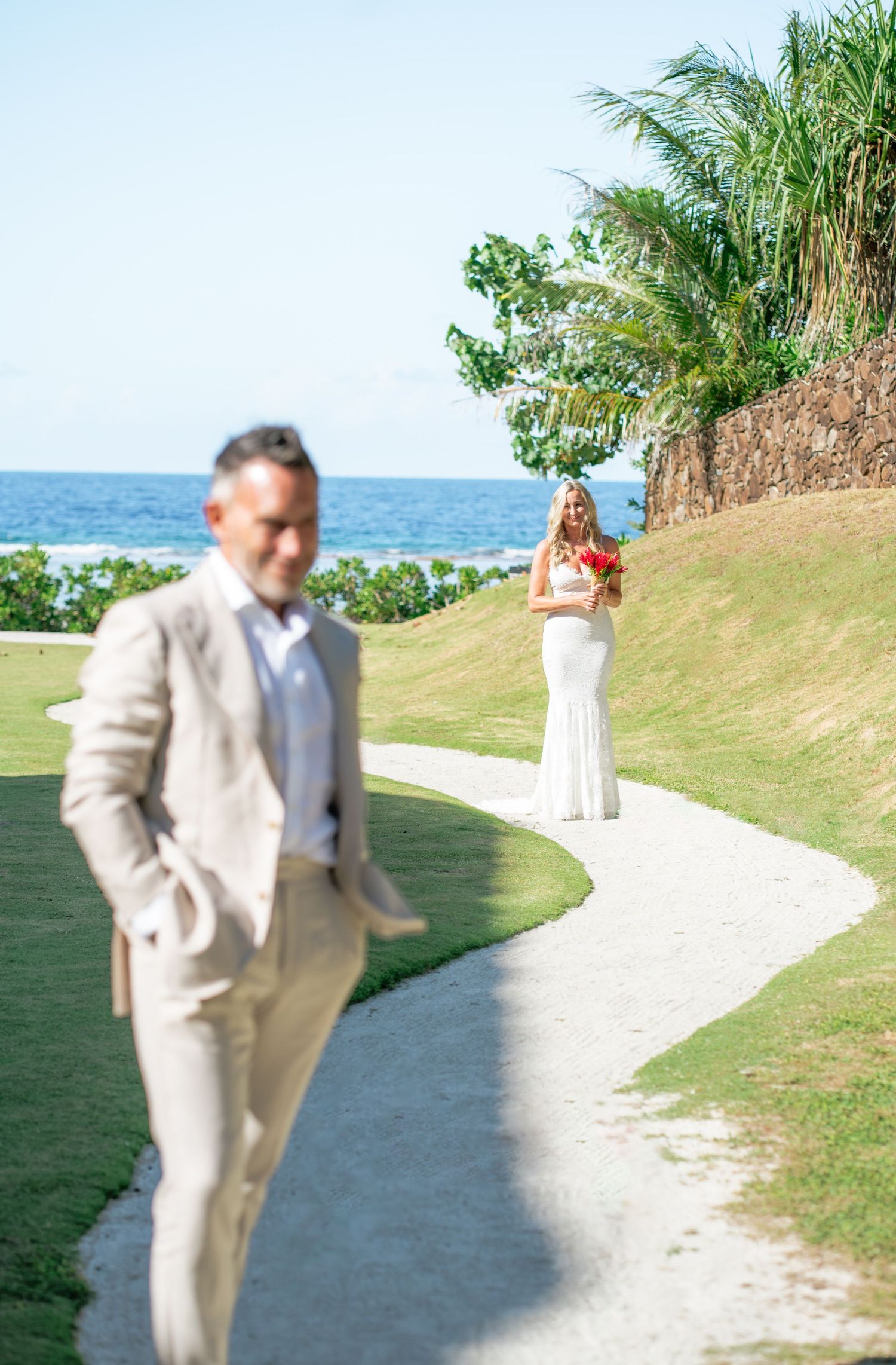 Groom waiting for his bride during a tropical wedding in Bora Bora, French Polynesia