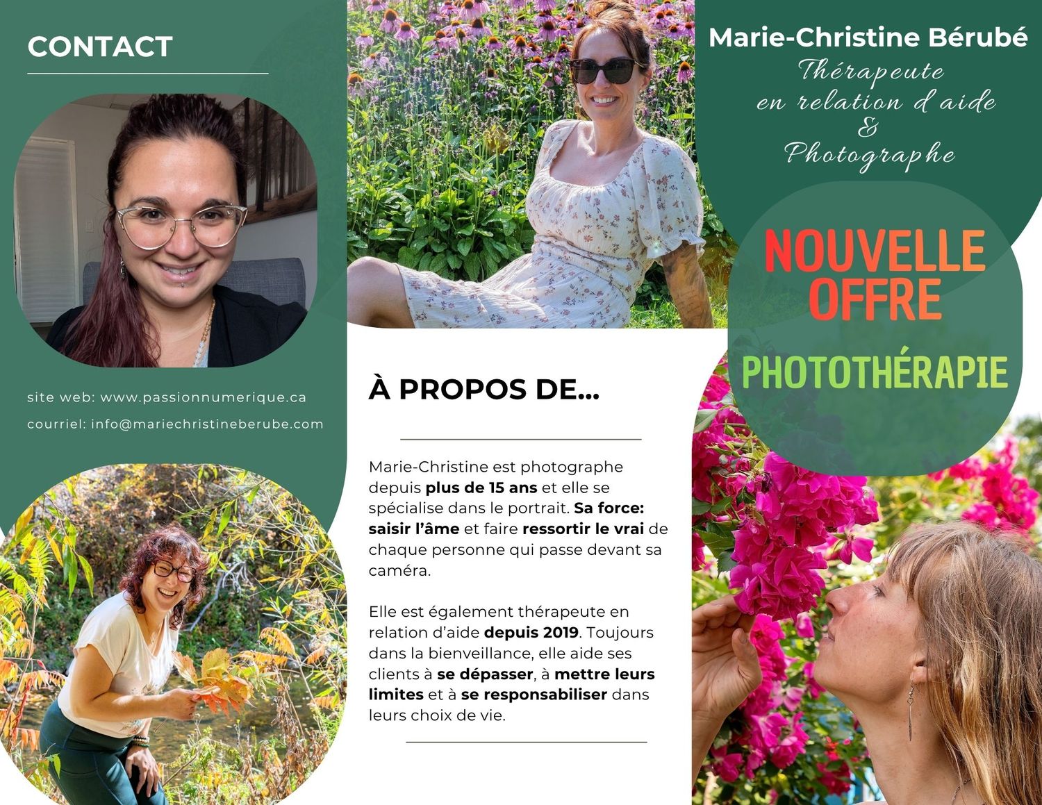 Marie-Christine Berube phototherapy and photography services promotional brochure with colorful flower photos.