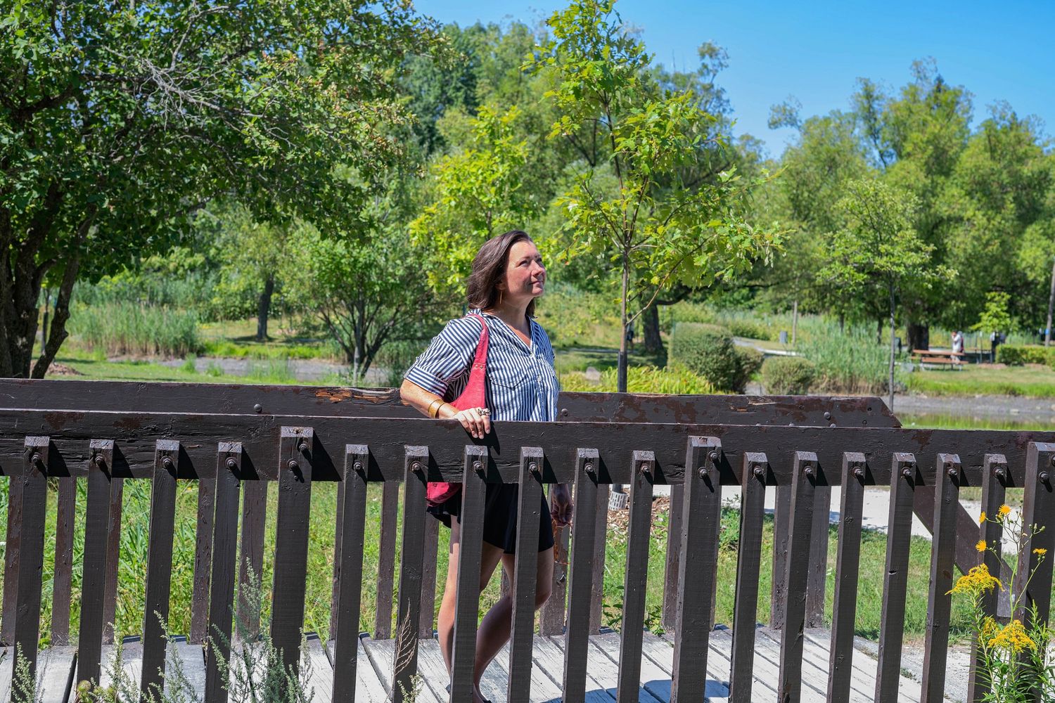 Woman in striped shirt walking along a wooden bridge railing surrounded by lush green trees.