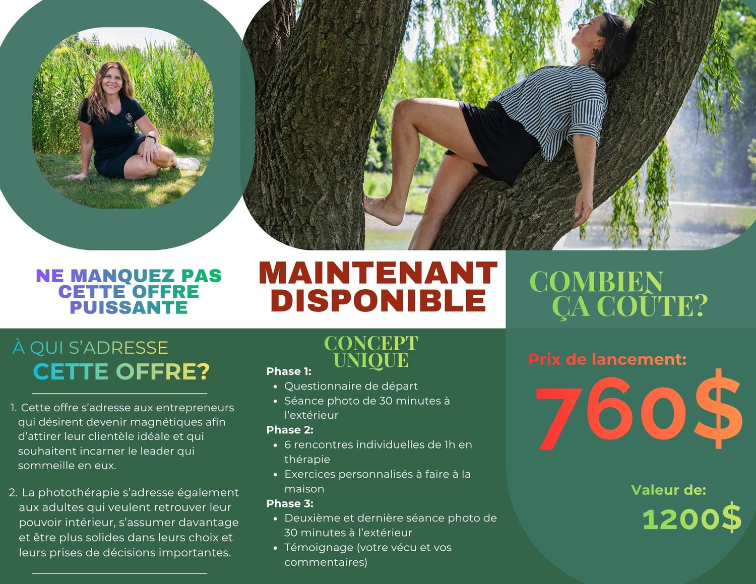 French language promotional brochure offering unique phototherapy concept sessions priced at 760 dollars.