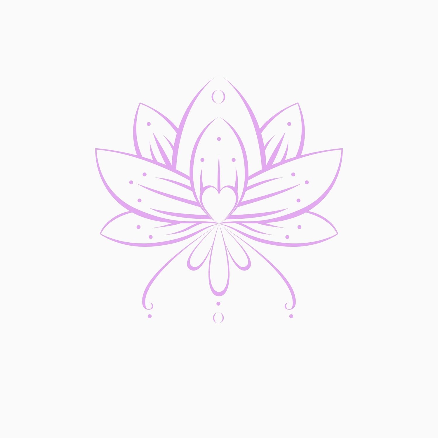 A minimalist purple lotus flower line art illustration with decorative dots and hanging droplets on white.