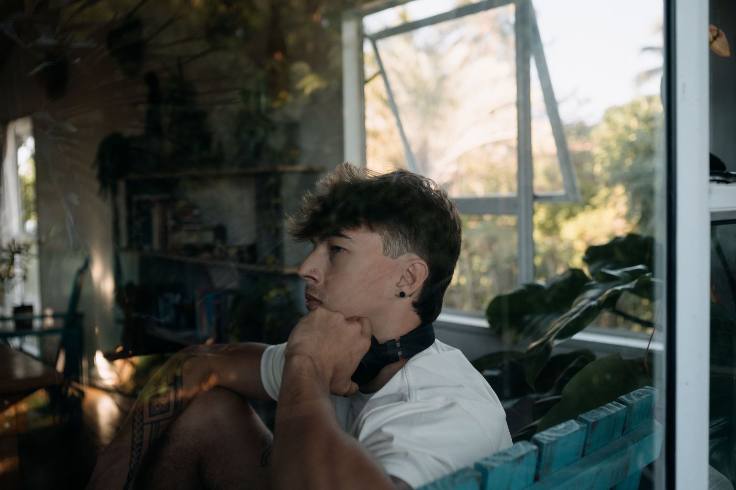 Young man with curly hair sitting thoughtfully by a sunlit window surrounded by lush indoor plants.