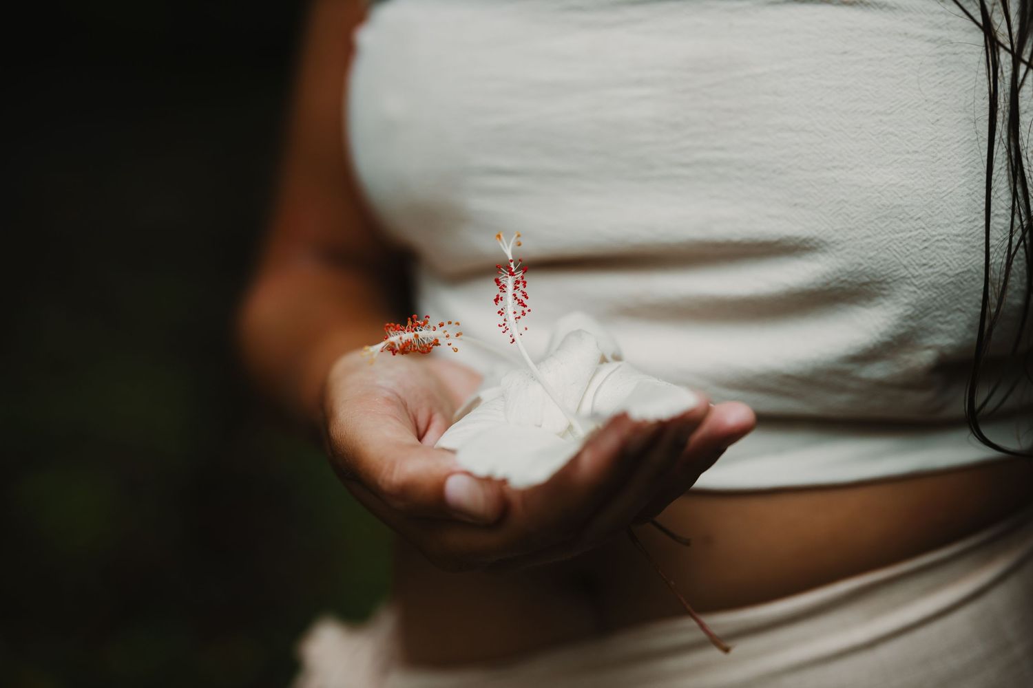 Person holding white sand and a small dried flower in cupped hands, wearing a white crop top outdoors.