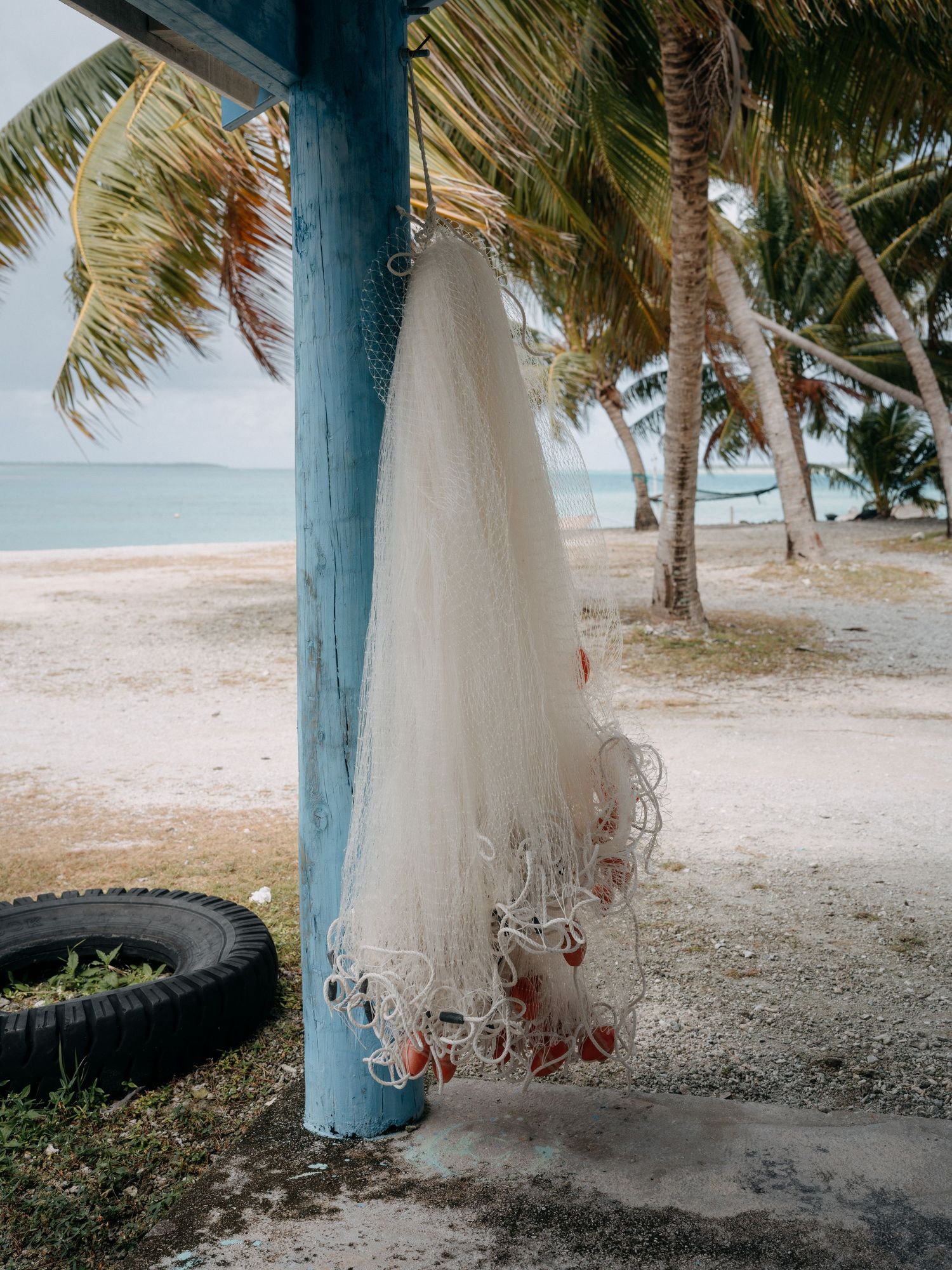 A fishing net hangs from a blue post on a tropical beach with palm trees and calm ocean in the background.