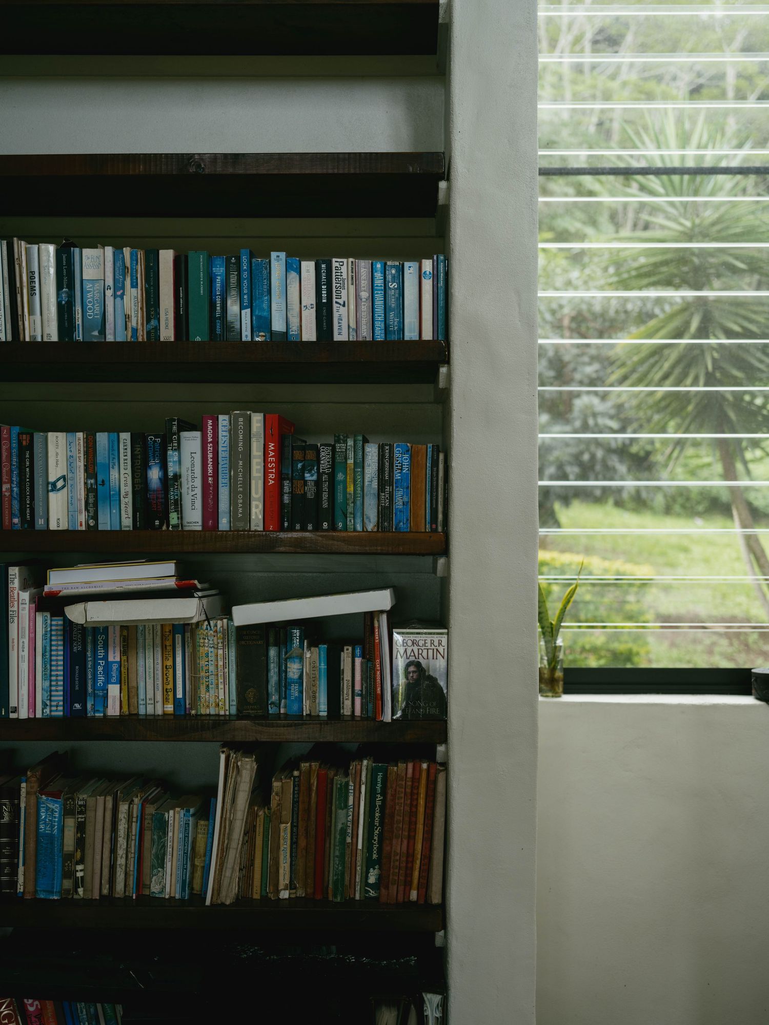 A dark wooden bookshelf filled with colorful books beside a bright window with louvered blinds and tropical greenery outside.