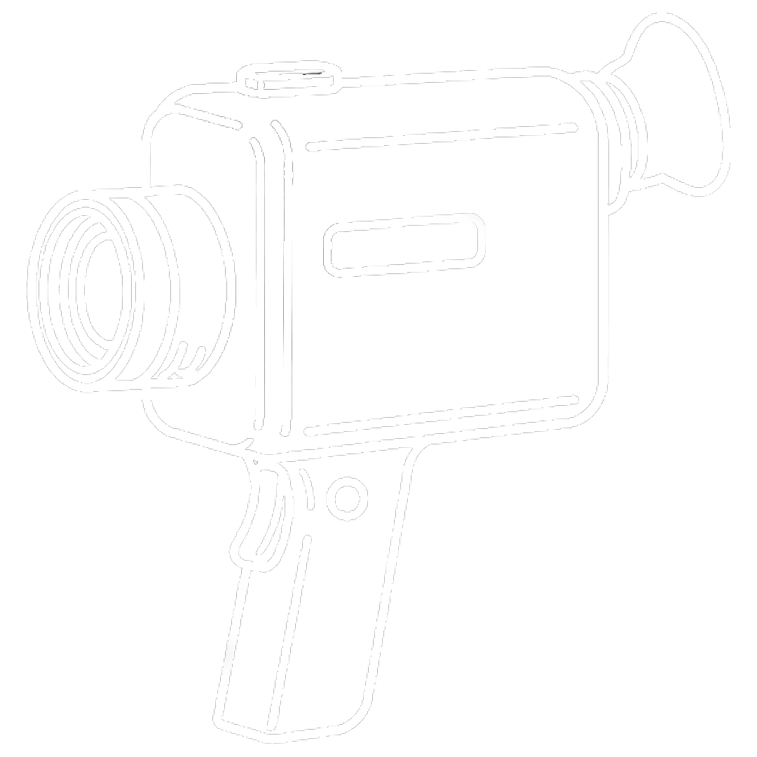 Vintage handheld Super 8 film camera outline illustration in white on a light background.
