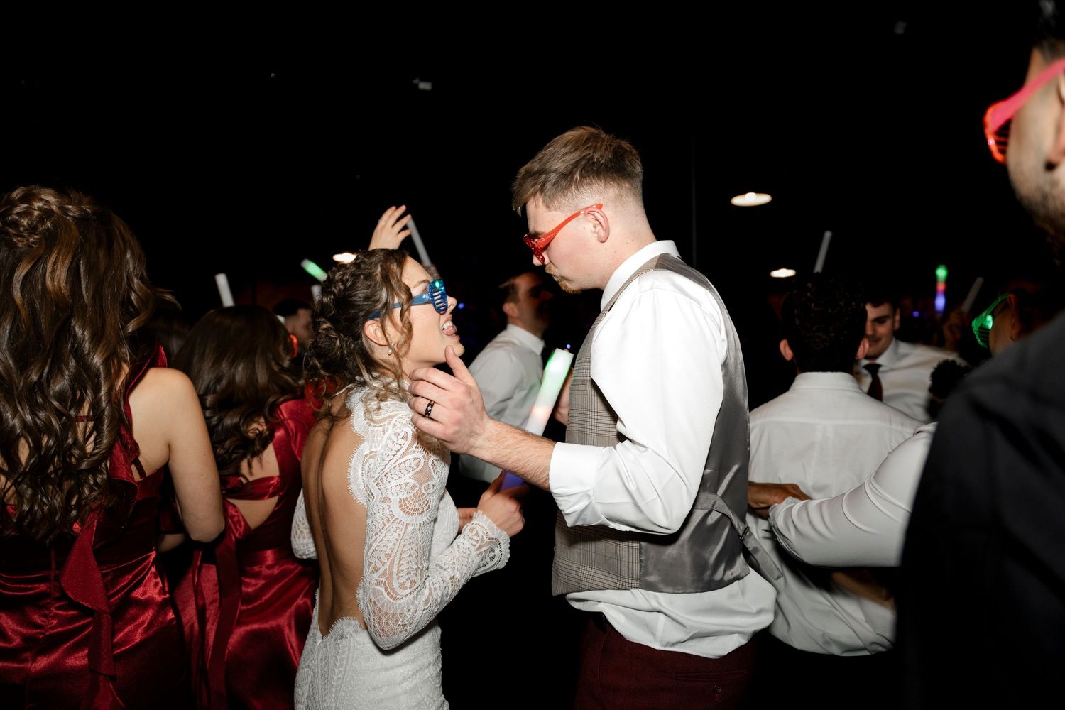 a wedding bride and groom on the dance floor
