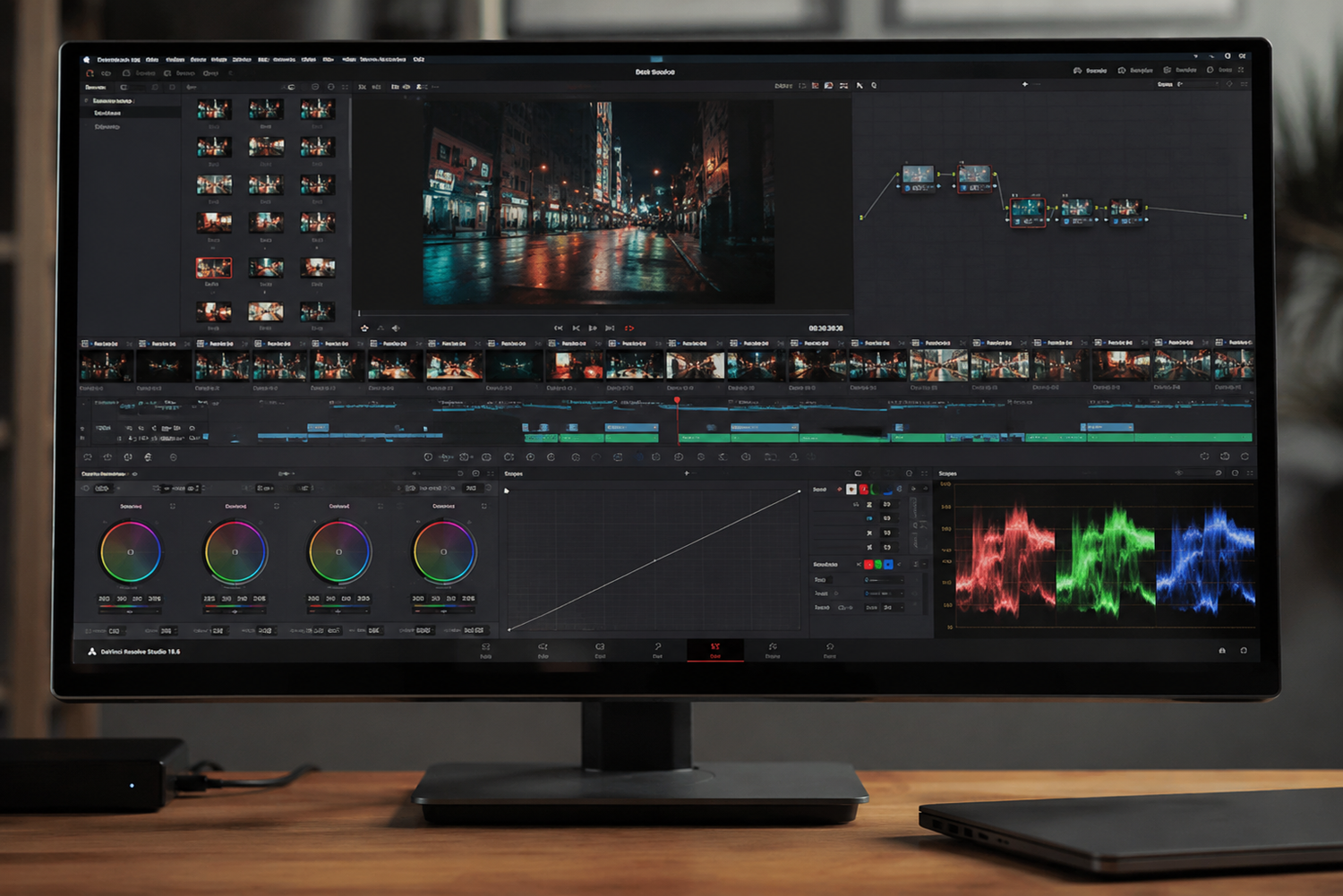 Professional video editing software DaVinci Resolve displayed on a widescreen monitor.