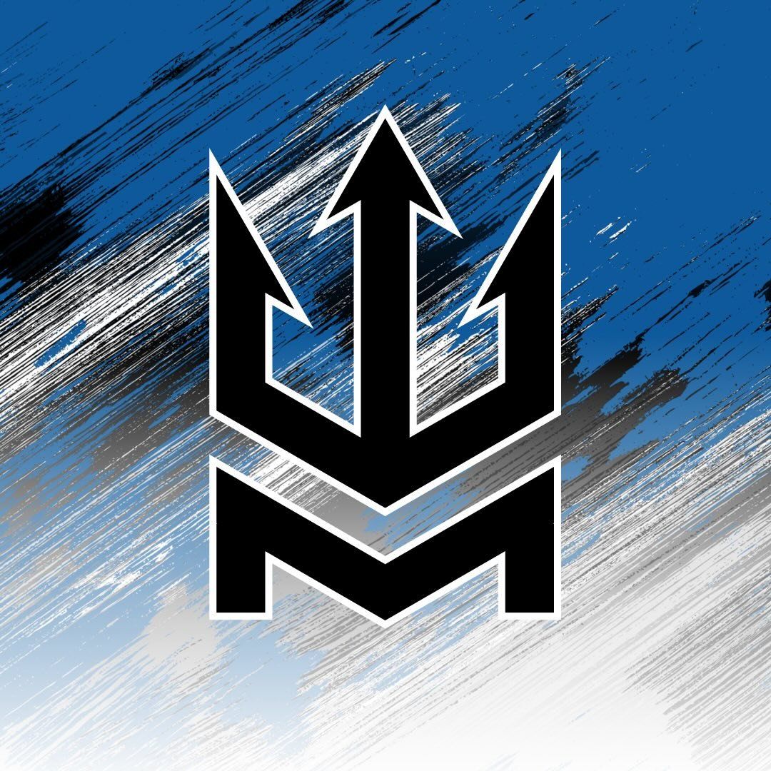 Black trident and M letter logo on blue and white brushstroke background for a sports team.