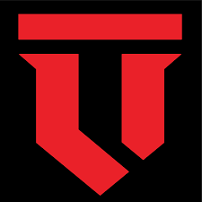 Bold red geometric shield logo on black background for a sports or esports team.